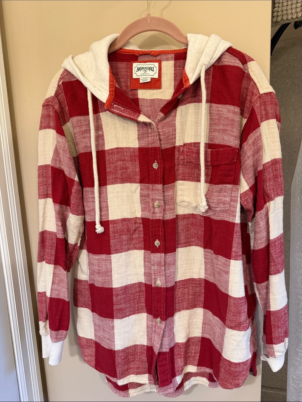American Eagle Outfitters Red and Cream Plaid Hooded Button-Down Shirt